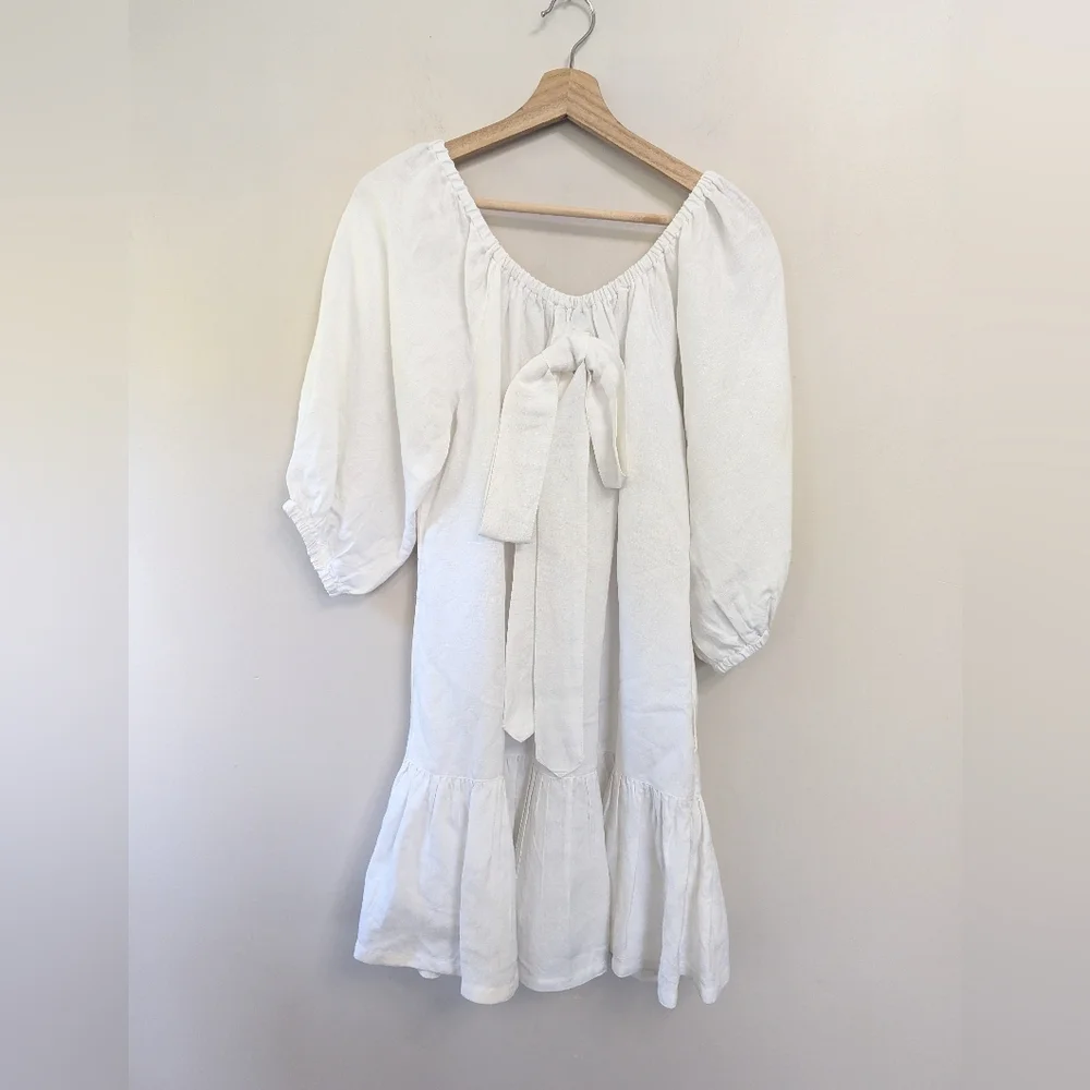 Tommy Bahama White Linen Dress Preppy Beach Puff Sleeve‎ Coastal